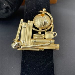 2.10.26-18 AJC Vintage Goldtone Globe, Books & Apple Brooch